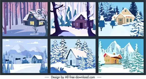 winter scenery background templates colored classical sketch