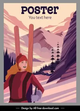 winter vacation poster mountain skier sketch cartoon character