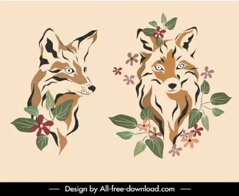 wolf fox icons handdrawn sketch floral decor