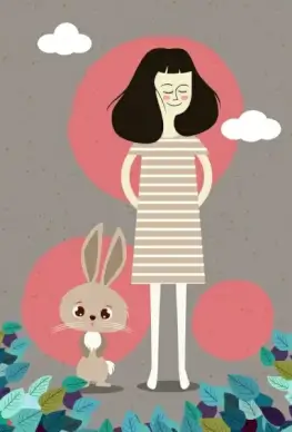 woman drawing bunny leaves decoration colored cartoon