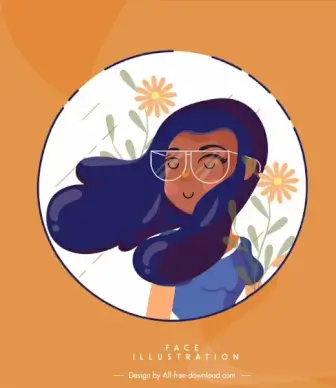 woman face icon cartoon character sketch circle isolation