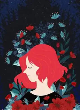 woman portrait drawing dark red flowers decor