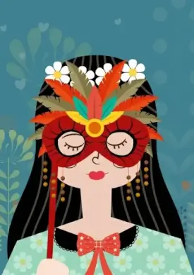 woman portrait drawing feathers mask decoration
