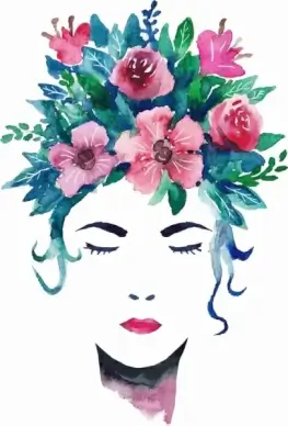 woman portrait drawing flowers hairstyle retro handdrawn