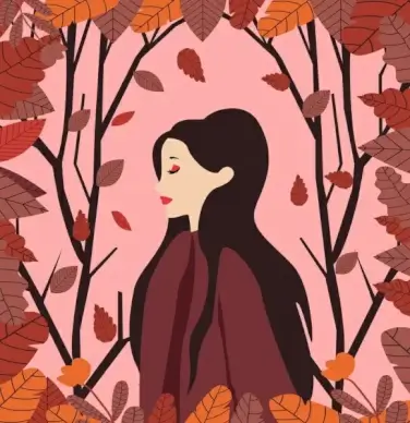 woman portrait drawing leaves decoration light red design