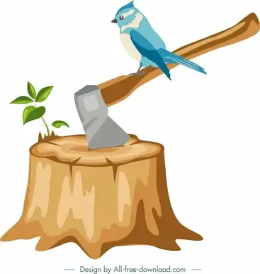 wood cut background tree trunk ax bird icons