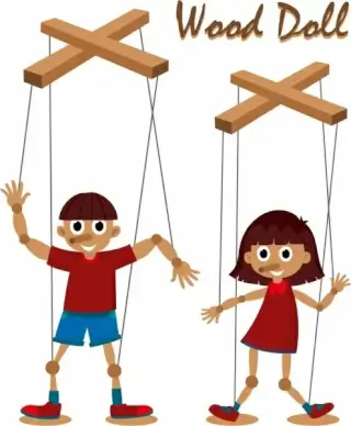 wood doll icons cute boy girl cartoon characters