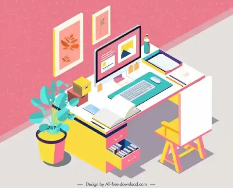work place painting desk elements sketch colorful 3d