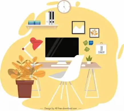 work place painting modern furniture icons sketch