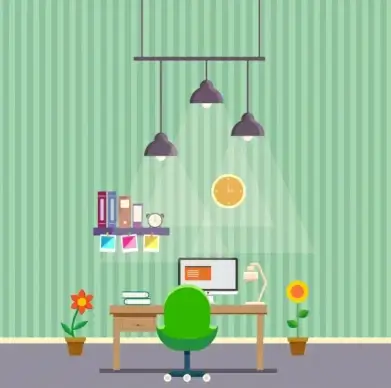 work space decoration drawing lights desk chair icons