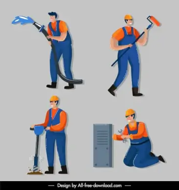 worker job icons cartoon characters sketch