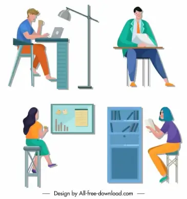 working person icons office work space cartoon characters