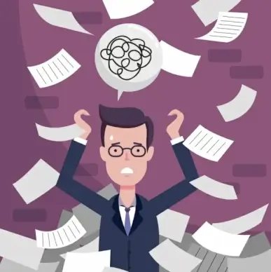 workload background stressed man flying paper icons