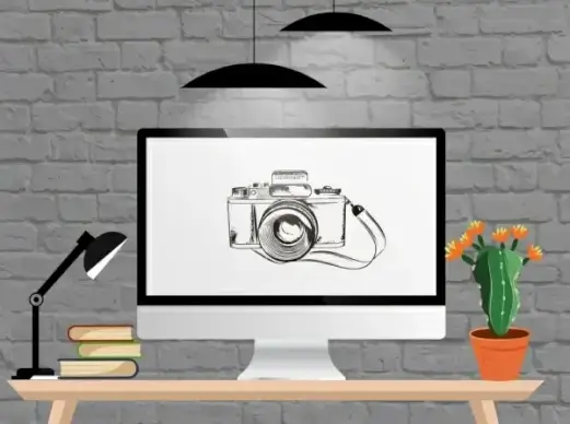 workplace background computer screen table lights camera icons