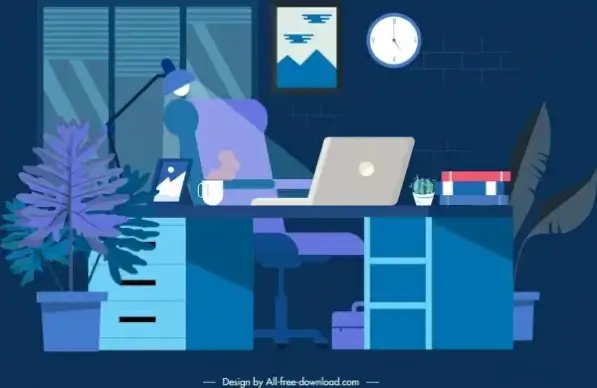 workplace background dark modern 3d colored sketch