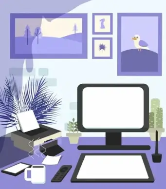 workplace background desk device icons violet decor
