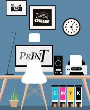 workplace corner drawing computer printer desk icons