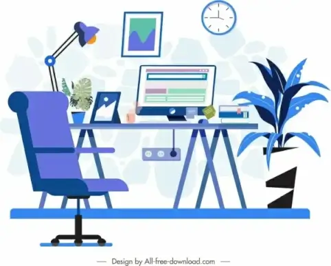 workplace painting chair desk computer icons blue sketch