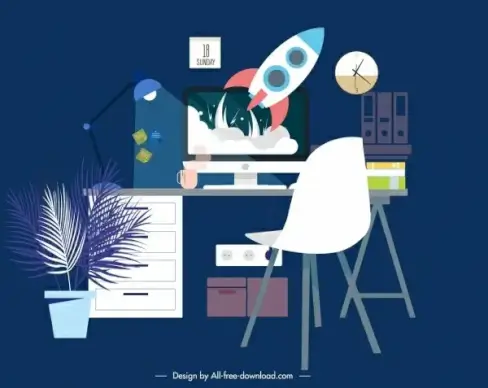 workplace painting desk chair icons dark colored decor