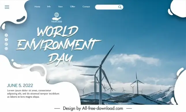  world environment day landing page template bright modern realistic windfarm scene sketch 