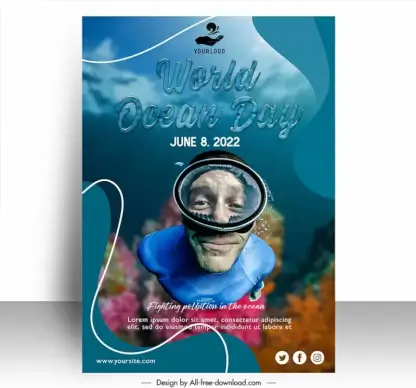 world ocean day poster template diver ocean sketch realistic design 