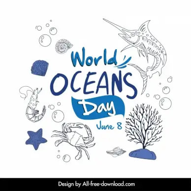 world oceans day design elements handdrawn sea species 