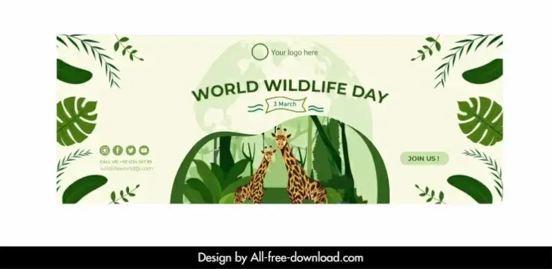 world wildlife day facebook cover template leaves giraffe jungle scene cartoon sketch