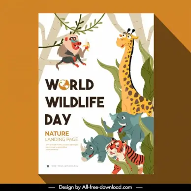 world wildlife day poster template cute cartoon baboon giraffe elephant rhino tiger sketch