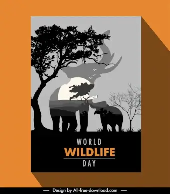 world wildlife day poster template silhouette design elephant animals scene sketch 