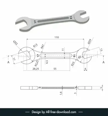 wrench auto cad template modern illustration sketch