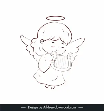 xmas angel icon cute girl playful with string instrument handdrawn cartoon outline