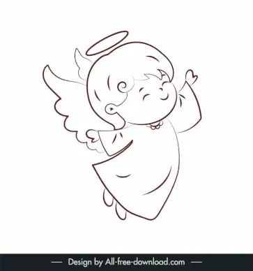 xmas angel icon cute winged baby outline dynamic flat black white handdrawn cartoon design 