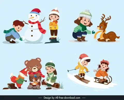 xmas childhood design elements cute cartoon children animals 