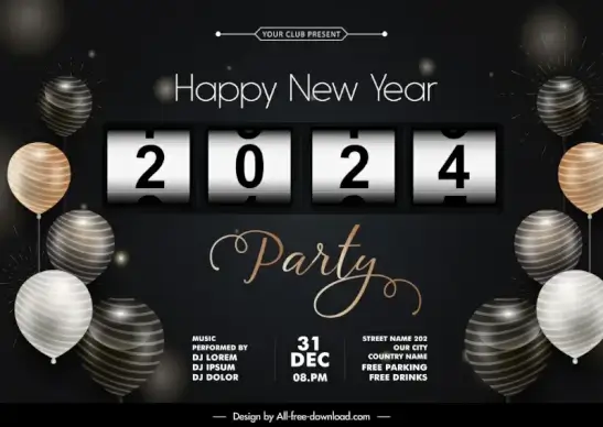 year end party backdrop template dark clock balloons