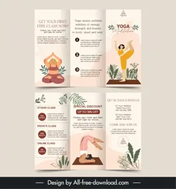 yoga center tri fold brochure template  classical cartoon sketch 