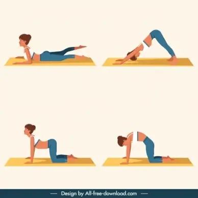 yoga gestures icons exercising woman sketch cartoon character