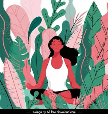 yoga painting lady leaves sketch cartoon character