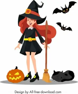 young witch icon cute girl sketch cartoon character