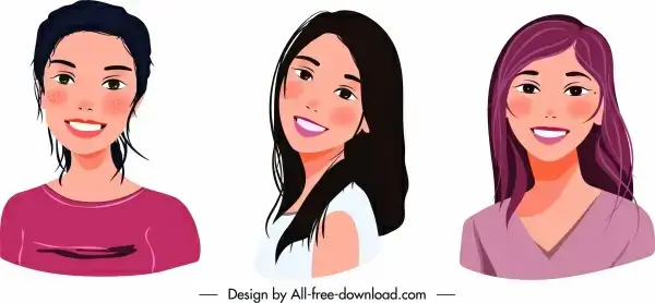young women portrait icons cute cartoon sketch