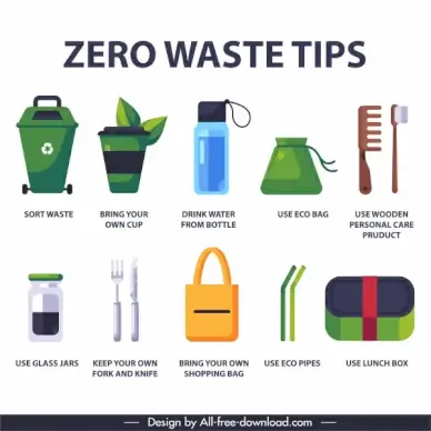 zero waste banner colored flat symbols elements sketch