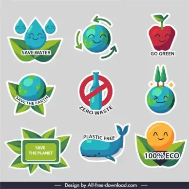 zero waste elements colorful flat symbols sketch
