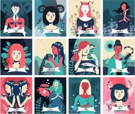 zodiac icons collection female characters cartoon design