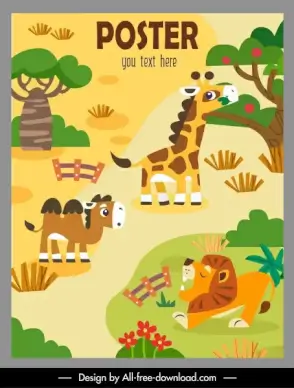 zoo poster template colorful flat cartoon sketch