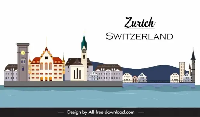 zurich city advertising poster template flat classical sketch 