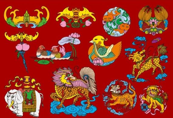 12 chinese folk auspicious patterns vector