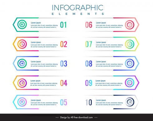 1 to 10 elements infographic template symmetric horizontal tabs