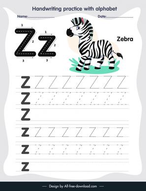 1st class education handwriting practice template alphabet letter tracing z wild zebra sketch