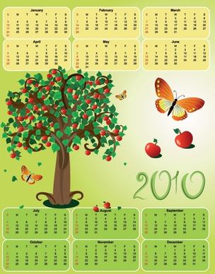 2010 apple theme calendar template vector butterfly
