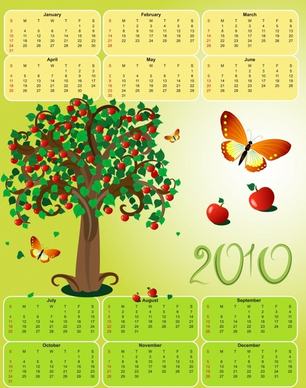 calendar template apple tree butterflies decor colorful design