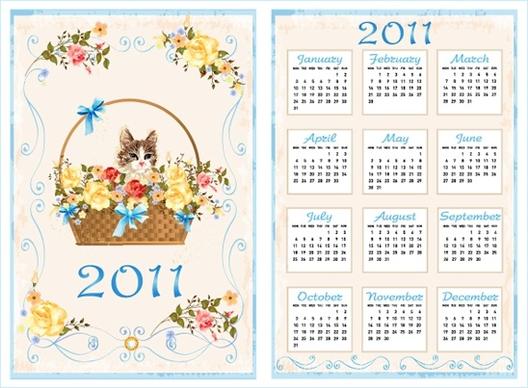 2011 calendar template cute kitty floral basket decor